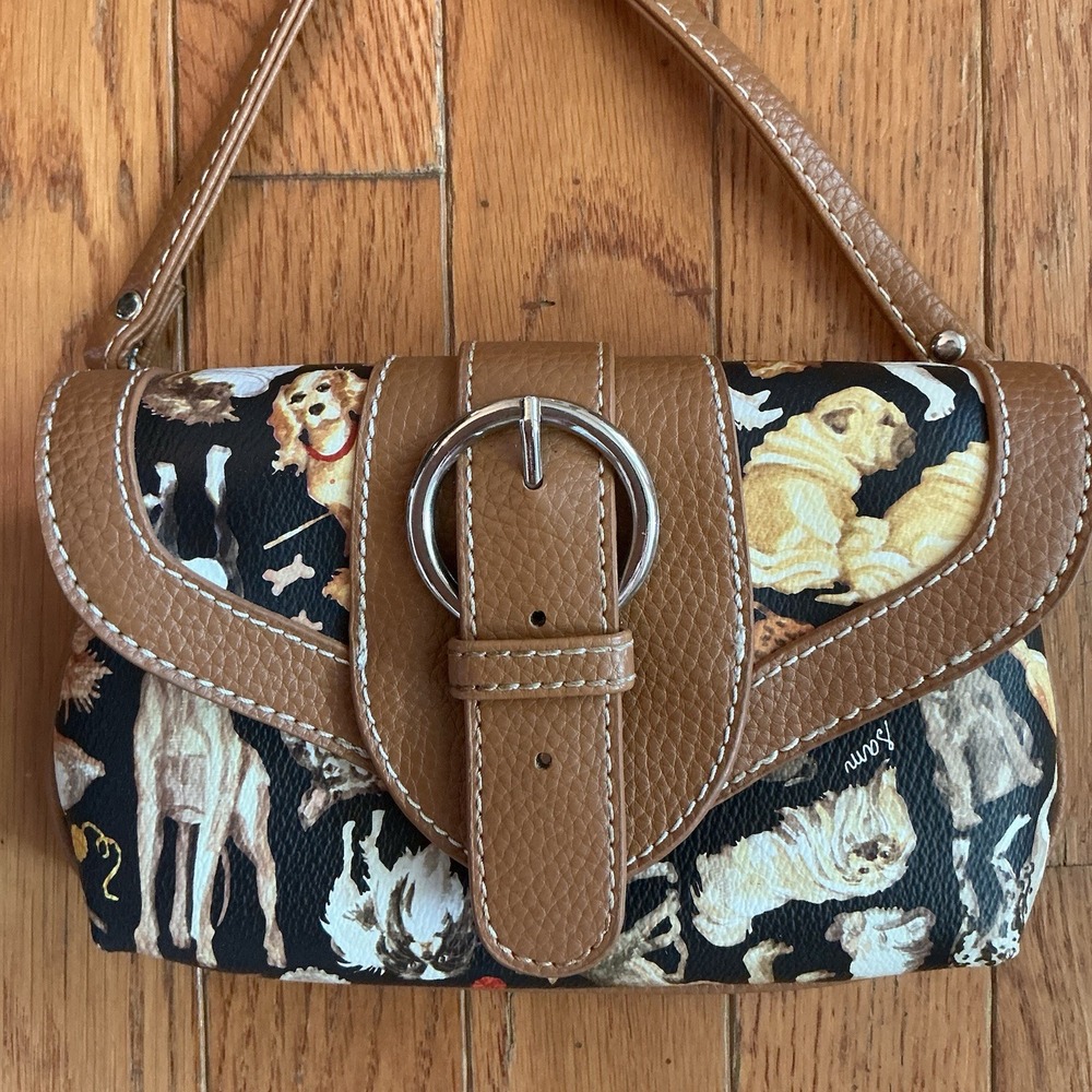 Sydney Love Dog Print Shoulder Bag Brown Trim Small Novelty Purse